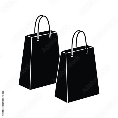 Two black paper shopping bags with handles isolated on white empty for retail and commerce design