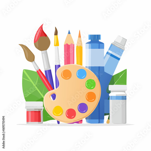 Painting tools set. Art supplies elements, paint tubes, brushes, pencil, watercolor, palette.