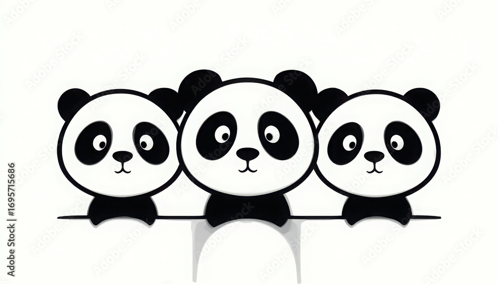 Naklejka premium Cute Panda Trio Black and White Graphic Illustration on White Background