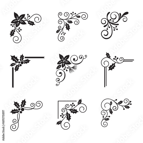 Christmas corner frames vector illustration set features decorative holiday frames with flourishes, swirls, poinsettias, and holly berries.