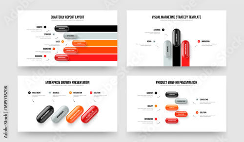 Project Portfolio Five Three Four Option Infographic Presentation Template Vector Illustration Set. Professional Innovation 5 3 4 Step Diagram Slideshow Layout Collection.
