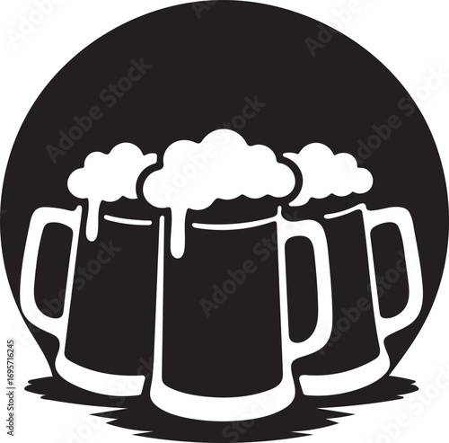 Three frothy beer mugs silhouette in a dark circle