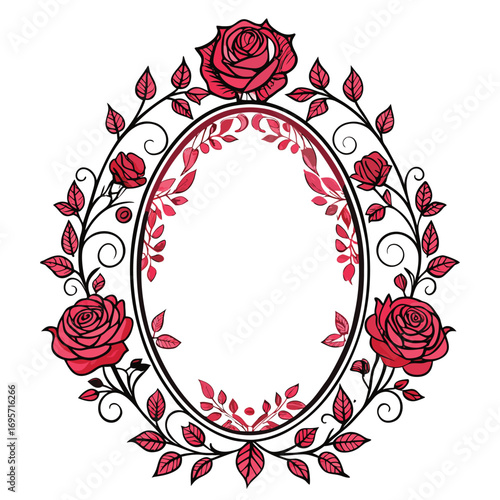 Elegant Oval Frame with Red Roses and Decorative Floral Designs