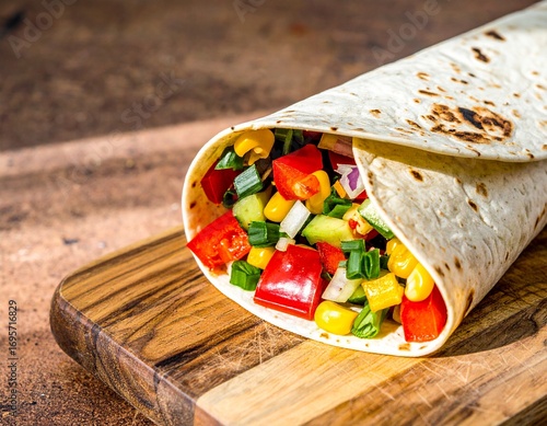 Vegan breakfast burrito sliced open, colorful vegetables visible