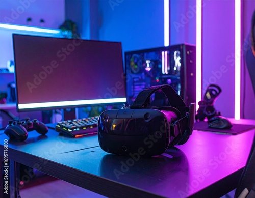 VR headset on modern desk with gaming setup in background