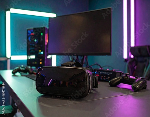 VR headset on modern desk with gaming setup in background