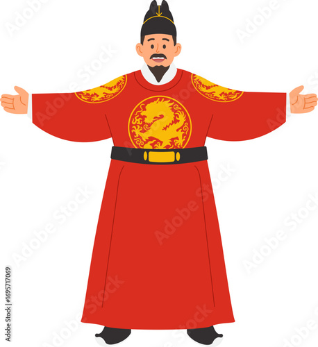 Vector illustration of King Sejong's character welcoming with open arms