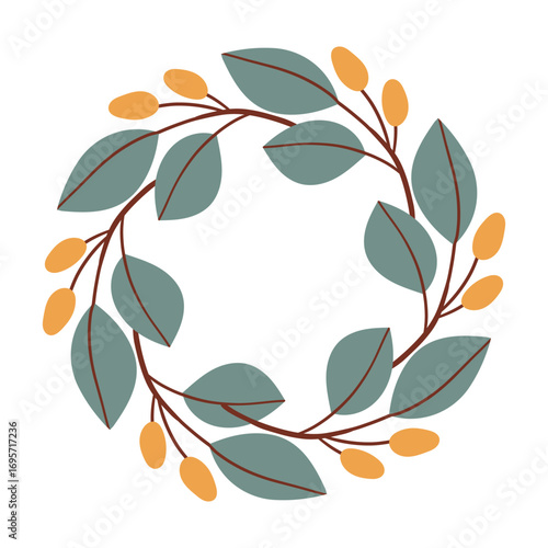 Round frame made of berries and leaves. Woodland wreath. Elegant floral seamless pattern. Template with copy space for wedding invitations and greeting cards. Vector stock illustration.
