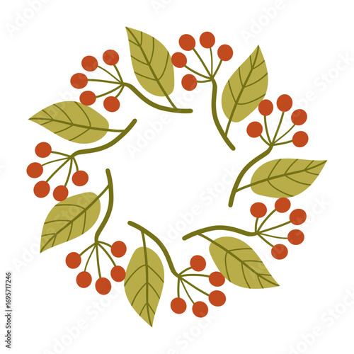 Round frame made of berries and leaves. Woodland wreath. Elegant floral seamless pattern. Template with copy space for wedding invitations and greeting cards. Vector stock illustration.