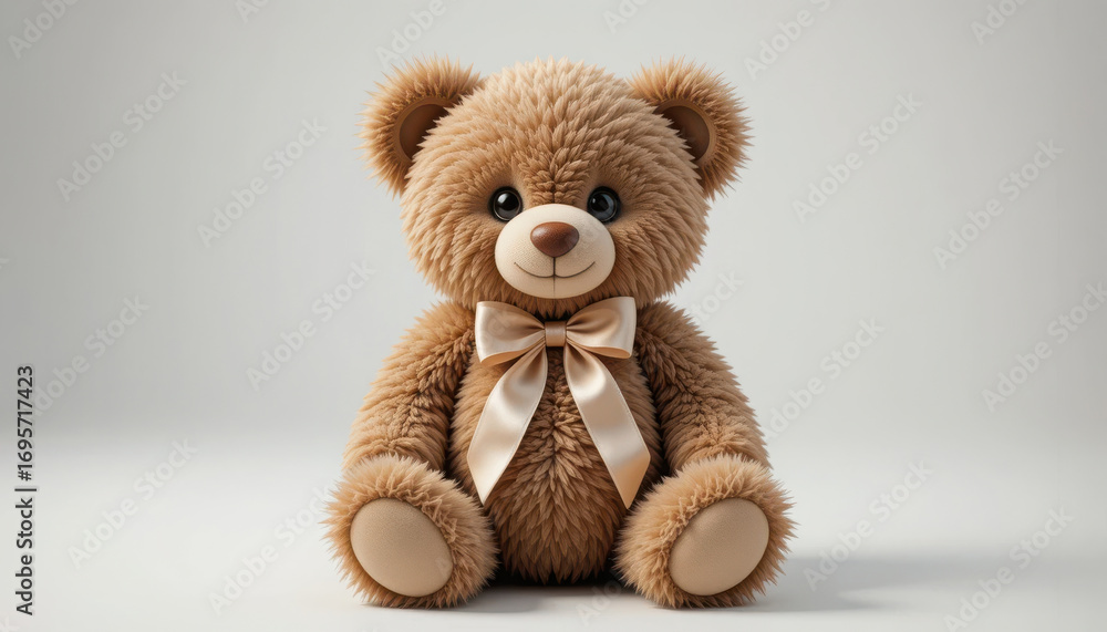 Obraz premium Cute Plush Teddy Bear Sitting with Bow on Light Background