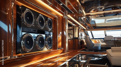 High-end sound system installation showcased in a luxury yacht interior, featuring polished wood and sleek metal accents in ultra HD detail.