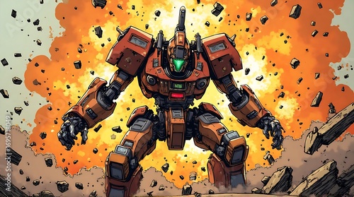 Fototapeta kuchenna Powerful Orange Mecha Engaged in Explosive Futuristic Combat
