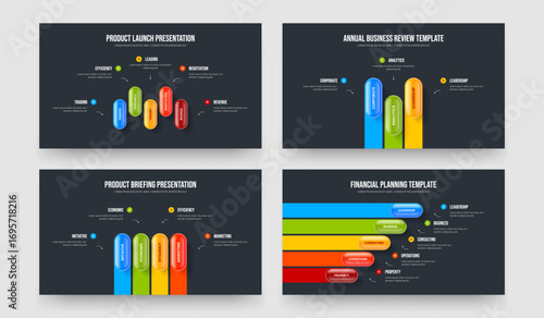 Advertising Forecast 5 3 4 Element Diagram Presentation Design Collection. Company Analysis Five Three Four Step Infographic Slide Layout Vector Illustration Bundle.