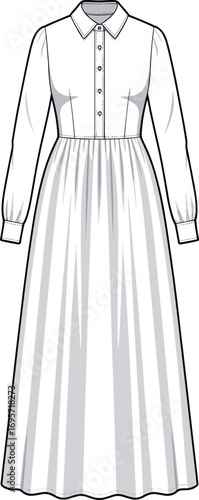 Fashion illustration of a white long sleeve midi dress with pleated skirt on white background clothing