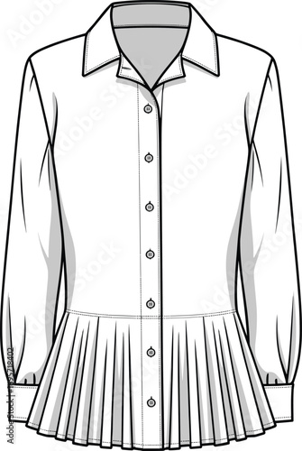 Fashion illustration of a white long sleeve pleated peplum blouse on white background shirt clothing