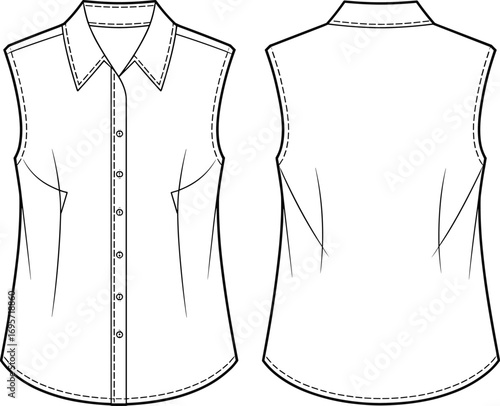 Front and back flat sketch of a sleeveless collared button-up shirt with darts Keywords: fashion, sketch, flat, drawing