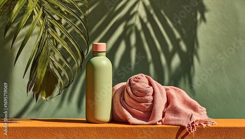 Light green bottle and pink scarf on orange surface. Palm leaf shadow