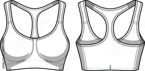 Front and back flat sketch of a sports bra with racerback straps Keywords: fashion, sketch, flat, drawing, technical, apparel