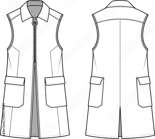 Front and back view of a sleeveless long vest with collar, zipper and flap pockets vector illustration