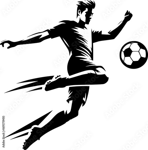 Minimalist black and white vector icon of a soccer player with clean lines. Modern, simple, scalable design for stickers, logos, or digital use.
