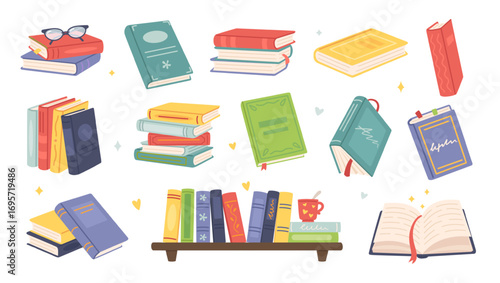 Cartoon book. Open handbook and textbook with cover, education publication. Paper retro encyclopedia, school literature. Flat notebook template. Vector isolated set