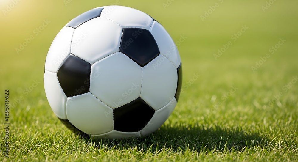 Fototapeta premium Classic black and white soccer ball resting on vibrant green grass field, perfect for illustrating sports, recreation, and outdoor activities.