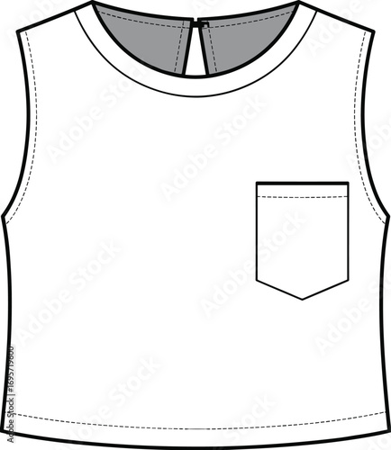 Front view of a sleeveless crop top with a chest pocket and keyhole back detail vector illustration