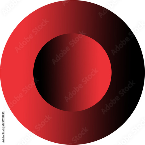 An abstract graphic of a red ring surrounding a dark central circle, featuring a smooth red-to-black gradient creating a 3D effect.