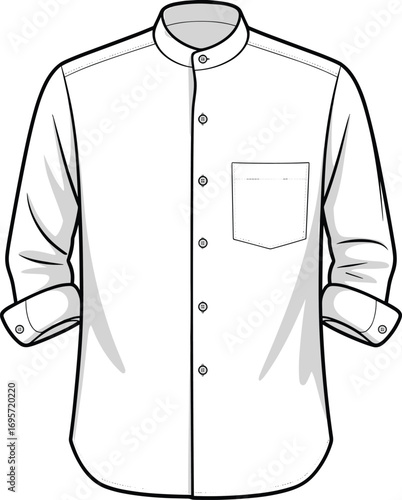 White Band Collar Long Sleeve Shirt With Rolled Up Cuffs And Pocket vector illustration