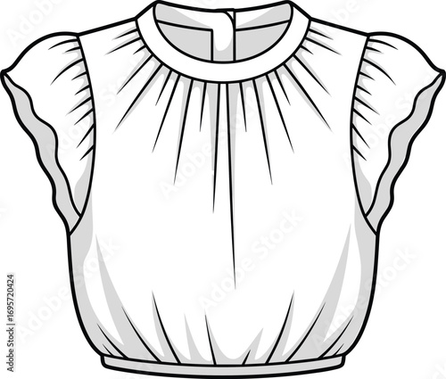 White gathered neck blouse with flutter sleeves flat sketch shirt garment