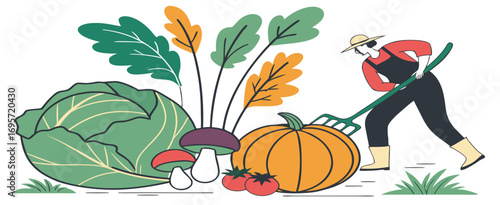 A farmer working in a vibrant garden, harvesting assorted vegetables including a pumpkin and mushrooms, surrounded by leafy greens and bright colors.