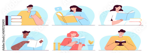 Illustration of diverse individuals enjoying reading and relaxing with pets in a cozy setting, featuring various colors and styles.