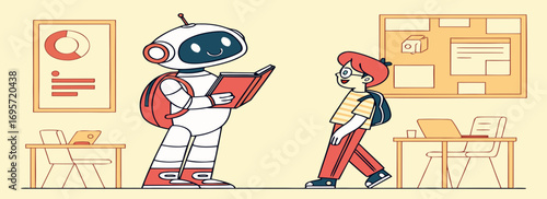 A whimsical classroom scene featuring a friendly robot interacting with a curious student. Bright colors and playful elements create a lively atmosphere.