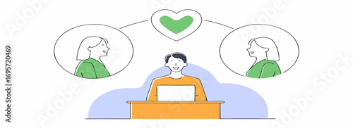 Illustration of a person seated at a laptop with positive and negative thought bubbles depicting emotions in a creative workspace.