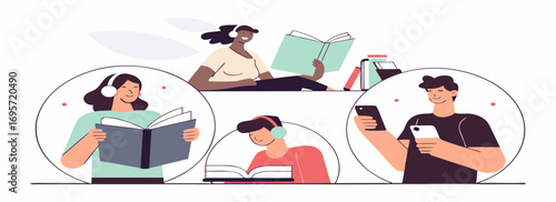 Illustration of diverse individuals engaged in various reading and studying activities, highlighting concentration and enjoyment in a cozy indoor environment.