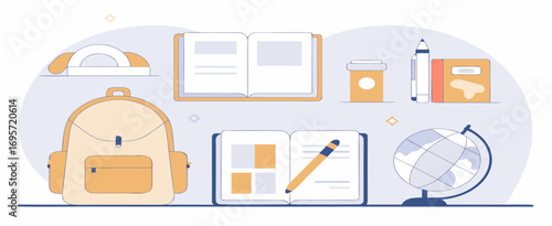 Flat lay composition of school supplies including a backpack, notebooks, a globe, and stationery items.