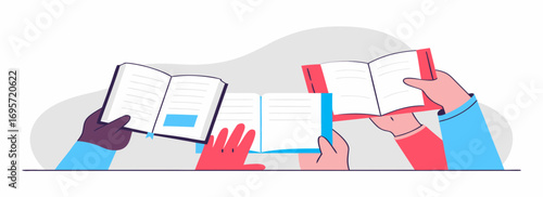 Multiple hands holding open books, showcasing diverse colors and designs, representing collaboration and learning.