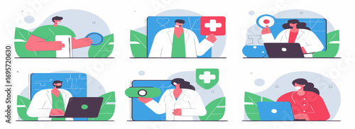 Illustration of healthcare professionals engaging in various activities like consultations and health monitoring using technology.