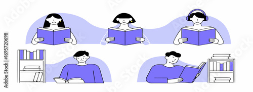 Stylized illustration of diverse individuals reading books in a calm, colorful setting. Soft hues create a tranquil atmosphere.