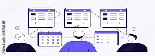 Illustration of individuals analyzing data displayed on digital screens, with a focus on collaboration and technology.