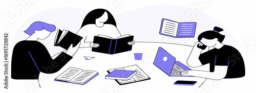 A collaborative workspace featuring individuals engaged in discussions while analyzing data on laptops and papers.