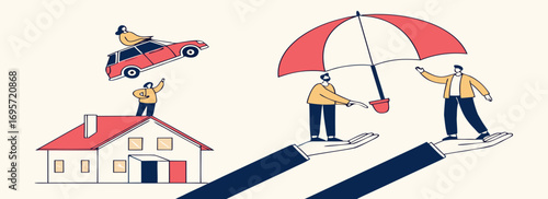 Illustration depicting business risk management with visual metaphors of insurance safeguards.