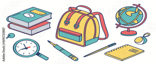 Colorful school supplies including a backpack, books, globe, and stationery items arranged on a light background.
