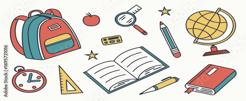 Colorful school supplies and study materials arranged artfully, emphasizing education and learning themes.