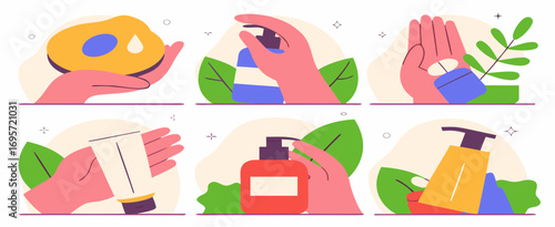 Illustration of hands interacting with various skincare products on a pastel background with leaves, showcasing a natural and calming aesthetic.
