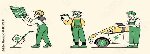 Illustration of eco-friendly vehicle maintenance with mechanics performing tasks and working together.