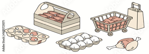 Illustration of various poultry products including chicken legs, whole chickens, and eggs in cartons.