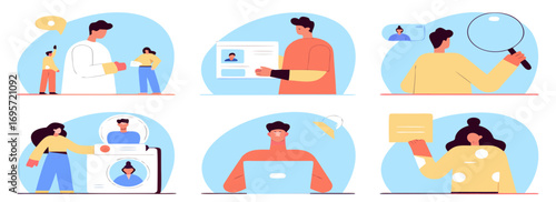 Illustrative scenes of individuals participating in various activities, emphasizing communication, documentation, and interaction in a contemporary office environment.