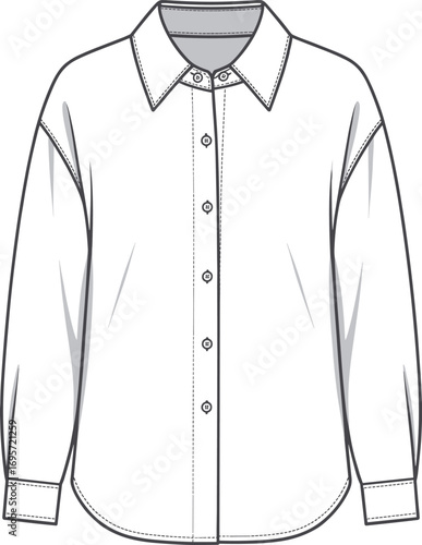 White long sleeve collared shirt with button front and relaxed fit Keywords: shirt, clothing, apparel, fashion, garment, top