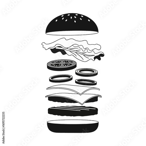 Black and white illustration of a hamburger with all the ingredients separated, showing the layers.